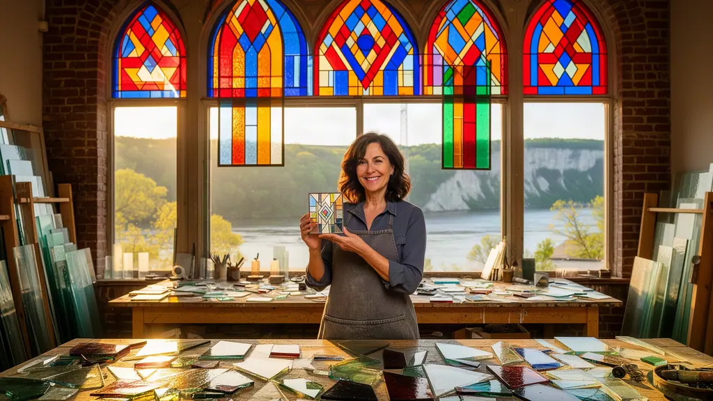 Smiling stained-glass artist holding up a geometric glass panel under glowing arched stained-glass windows, river bluffs beyond